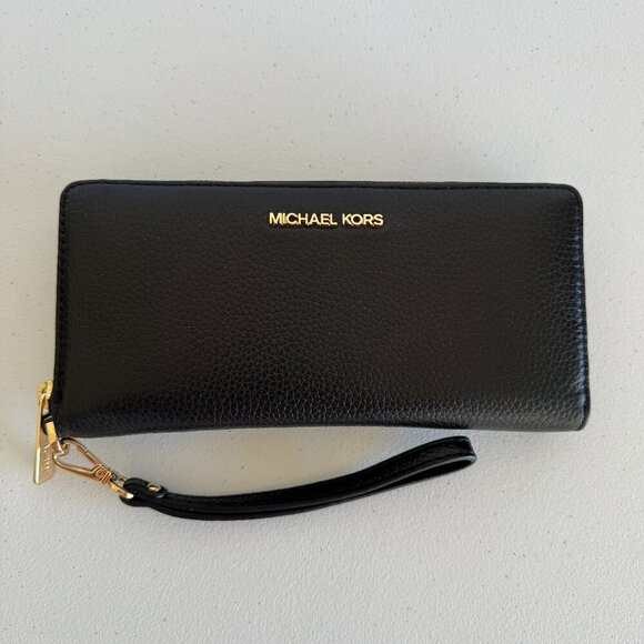 Michael Kors Handbags - Michael Kors Black Leather Wristlet Wallet – Gold Hardware NWOT